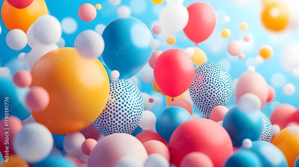 Poster bright and vibrant party balloons with whimsical patterns dynamic gradients and cheerful soft tones 