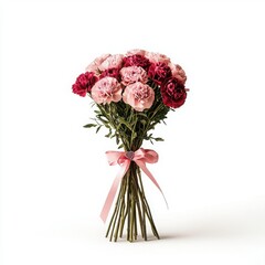 Fototapeta premium Beautiful Hand-Tied Bouquet of Pink and Red Carnations with Satin Ribbon for Celebrations and Special Occasions, White Background