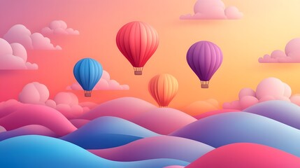 Obraz premium Cheerful floating hot air balloons with vibrant dynamic gradients whimsical bright tones and an elegant soft party aesthetic in a peaceful serene landscape