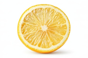 A detailed close-up of a lemon half, showcasing its vibrant yellow color and textured surface against a clean white background.