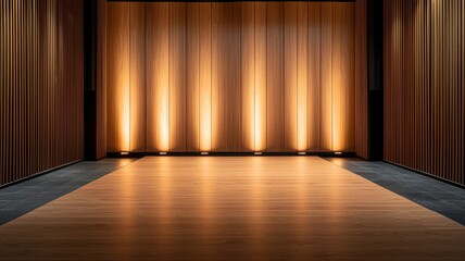 Fototapeta premium Stage light wood concept. Stage with warm lighting and wooden floor, ready for performance.
