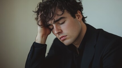 Fototapeta premium Sad young business man, head down, wearing a black suit, white background,