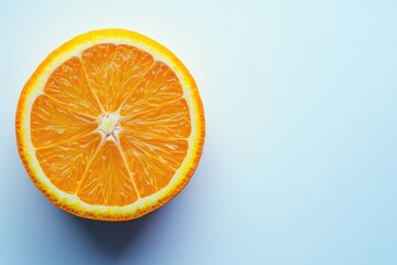 A vibrant half orange rests on a smooth blue surface, showcasing its juicy texture and bright color contrast.