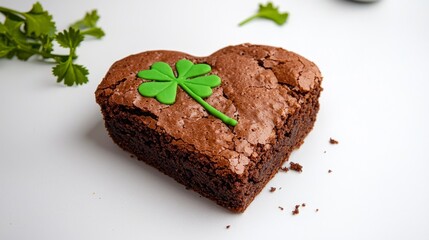 Delicious heart-shaped brownie topped with green clover decoration on a clean white background for festive occasions. St. Patricks Day.