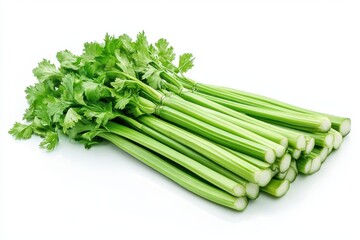 A close-up view of fresh, vibrant celery stalks arranged neatly on a clean white background, showcasing their crisp texture and green color.