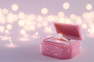 pink box with a diamond ring inside. The box is decorated with glitter and the ring is shining brightly. Concept of love and commitment, as the ring is a symbol of a promise to be together forever