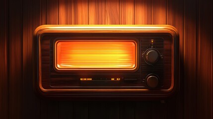 Fototapeta premium Vintage wooden radio on wall, illuminated.
