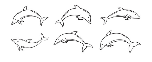 Obraz premium dolphin doodle hand drawn icon set. Outline drawing dolphin line clipart symbol collection