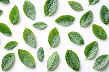 A detailed close-up view of vibrant green leaves resting on a pristine white surface, showcasing their texture and natural beauty.