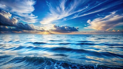 Obraz premium Serene ocean waves gently roll under a breathtaking sunset sky, a vibrant canvas of blue hues and fluffy clouds.