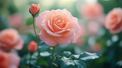 A beautiful soft pink rose in full bloom with a rosebud in a blurred romantic setting