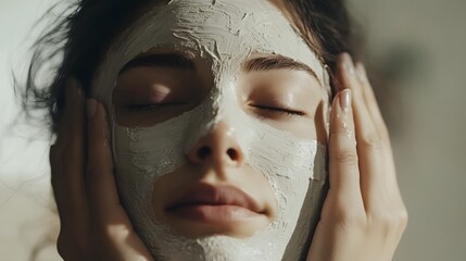 Fototapeta premium Intimate Portrait of a Young Woman Enjoying a Face Mask Treatment with Natural Ingredients in a Relaxing Indoor Environment