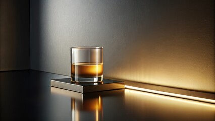 A single rocks glass of amber liquid rests on a sleek, metallic platform, illuminated by a warm, subtle light against a dark, textured background.