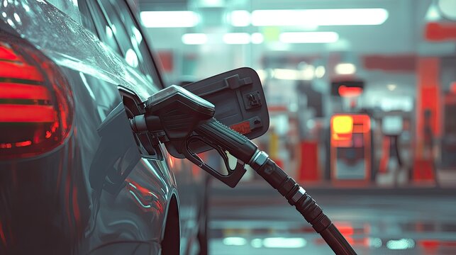 A close-up of a hand refueling a car at a fuel station, with the nozzle in action and the background showing a modern station setup