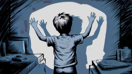Boy Silhouette with Shadow on Wall in Dim Room, Visual Metaphor of Childhood Anxiety in Dark Space, Silhouette of Raised Hands and Shadow in Minimalist Scene