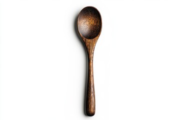 A simple wooden spoon featuring a smooth wooden handle, elegantly placed on a clean white surface, highlighting its natural texture and craftsmanship.