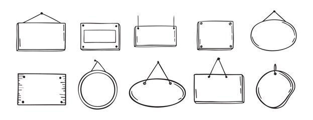 Empty door tag doodle hand drawn icon set. Shop door badge hanging label. Outline drawing empty door tag template line clipart symbol