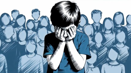 Boy Silhouette with Hands Over Face in Blue-Toned Crowd, Visual Metaphor of Social Anxiety in Kids, Silhouette of Child Dealing With Crowd 