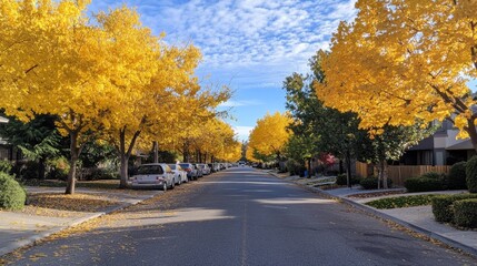 Autumnal Street Scene with Golden Trees