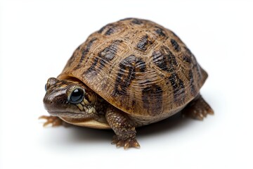 Obraz premium A small turtle rests calmly on a clean, white surface, showcasing its vibrant shell and delicate features in a serene setting.