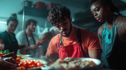 A cheerful group of friends preparing a meal in the kitchen.