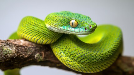 Obraz premium Bright Green Snake with Intricate Patterns on Branch