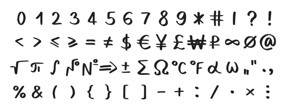 Scribble black special math symbols, numbers and signs. Symbols are handwritten characters from the keyboard