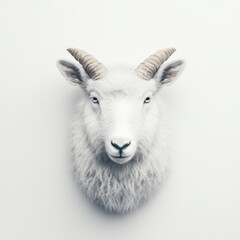 Obraz premium A mounted goat head decorates a wall, showcasing its features against a stark white background, creating a striking visual contrast.