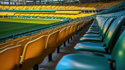 Naklejka premium A close-up of the rows of empty seats in a stadium, with focus on the clean, bright-colored seats and the field visible beyond