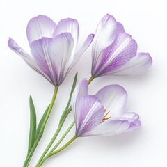 Delicate purple flowers elegantly arranged on a pristine white surface, complemented by vibrant green stems, showcasing natural beauty and simplicity.