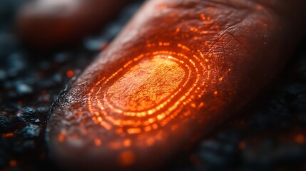 Glowing fingerprint on dark surface.