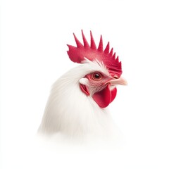 A graceful giraffe with a vibrant red comb and pristine white feathers stands out against a clean white background, showcasing its unique features.