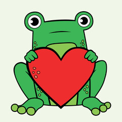 Cute design of a card representing love and cute feelings. Green frog holding a big red heart to share love. Cartoon style
