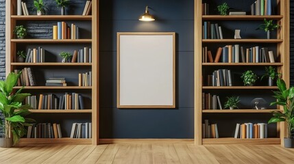 Modern Interior of a Home Library with Blank Frame and Bookshelves