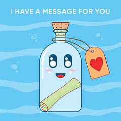 Cute design of a card representing love and cute feelings. Cartoon bottle with a love message. Love letter