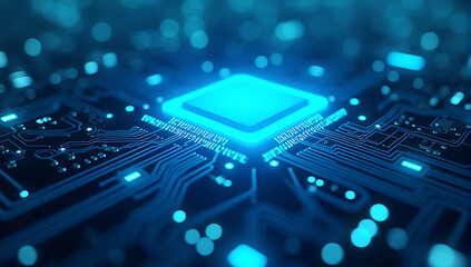 Glowing blue circuit network with an AI microchip at its center, representing advanced technological development in artificial intelligence and data processing