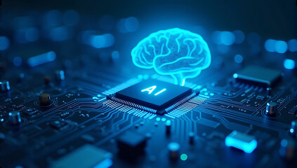 Futuristic AI brain microchip glowing blue, showcasing advanced artificial intelligence technology integrated with neural processing systems for innovation and research