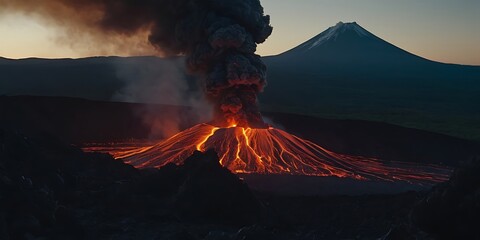 A hyper-realistic depiction of a violent volcano eruption, lava explosively bursting from the crater, lit by dramatic lightning strikes in the background, utilizing three-point lighting