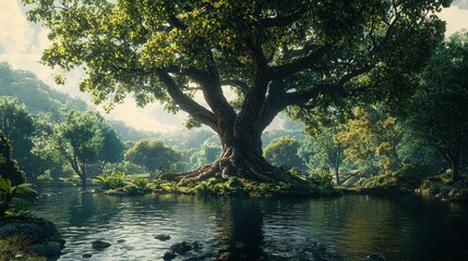 Ancient Tree by Tranquil Forest Pond