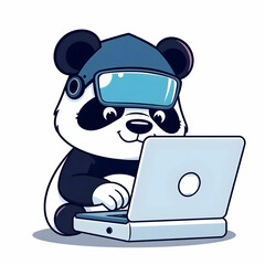 Fototapeta premium Cute Panda Hacker Operating Laptop Cartoon Vector Icon Illustration Animal Technology Icon Isolated