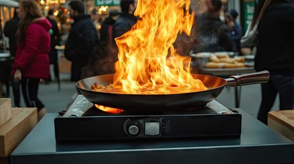 A frying pan with a fiery display of flames, set on a portable stove in the heart of a vibrant outdoor food market