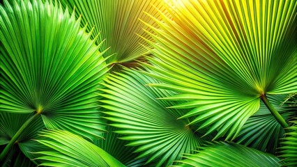 Obraz premium Vibrant Green Palm Fronds Illuminated by Sunlight, a Lush Tropical Foliage Texture Background