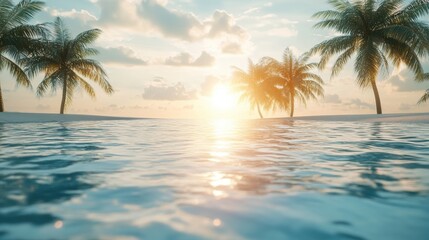 Fototapeta premium Serene Sunset Over Calm Ocean with Palm Trees Surrounding Beach