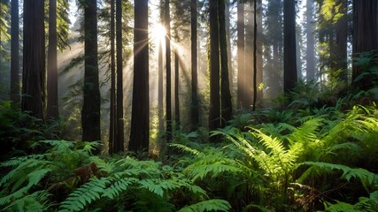 Timeless Giants: Majestic Coast Redwoods bathed in Sunlight and Mist