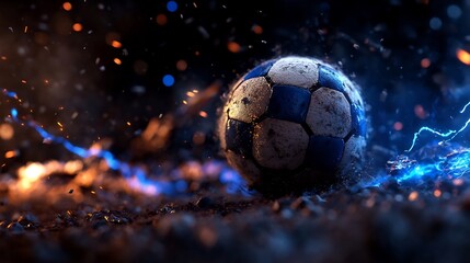 Fototapeta premium Fiery Football Showdown: A Dramatic Close-Up of a Worn Soccer Ball Amidst Sparks and Blue Energy