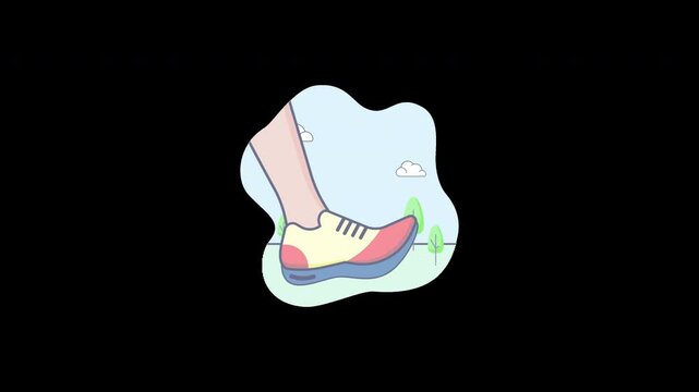 A cartoon illustration of a foot in a sneaker stepping on grass, representing movement and fitness.