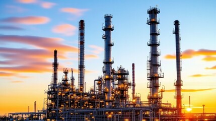 Obraz premium Sunrise at Industrial Complex with Oil Towers and Vibrant Sky