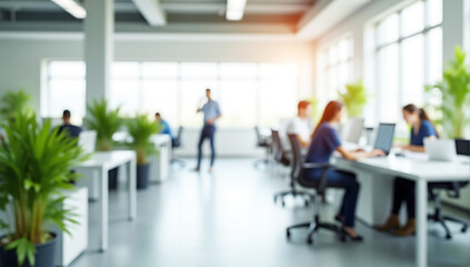 Bright open office with modern furniture, natural light, and lush plants, designed for collaborative and eco-friendly workspace concepts