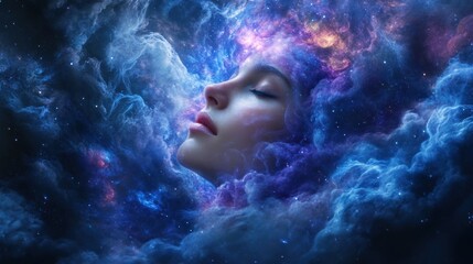 Ethereal Woman Surrounded by Cosmic Clouds and Starry Universe