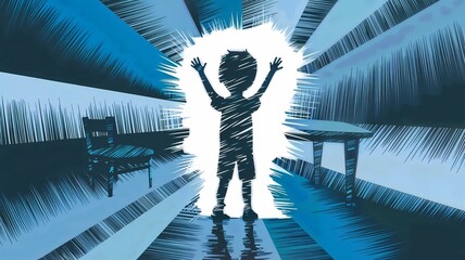 Boy Silhouette with Raised Hands Reflecting Social Anxiety, Silhouette of Child in Dark Room with Blue Tones, Visual Metaphor of Social Anxiety in Kids